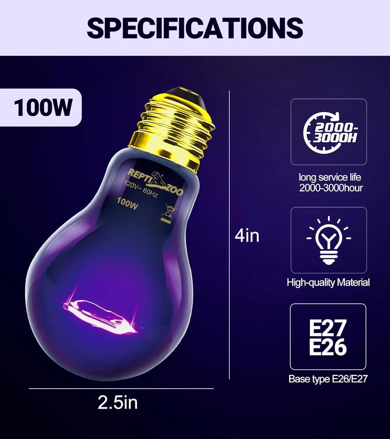 Reptile Night Heat Lamp Bulbs – 2-Pack Purple Moonlight Bulbs, No UVA | 75W & 100W | E26/E27 Base