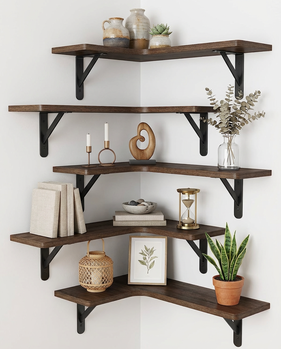 Rustic Corner Floating Shelves – Set of 5 Wall-Mounted Wood Shelves