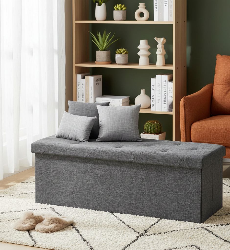 Folding Storage Ottoman Bench – Tufted Padded Seat, Hidden Storage | 30" & 43" | Multiple Colors