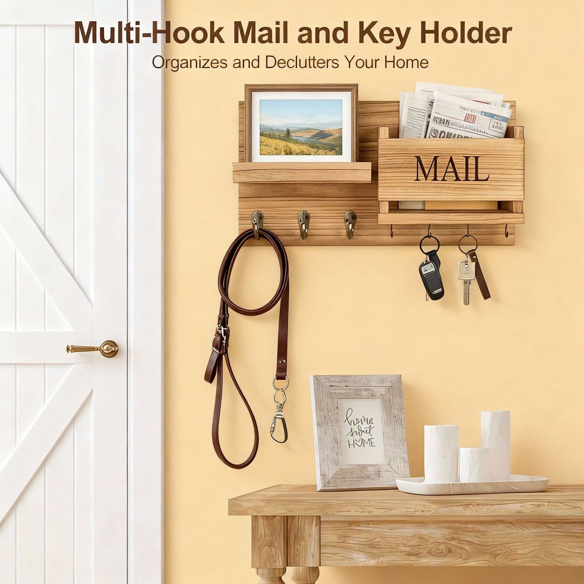 Rustic Wood Wall Organizer – Key Holder, Mail Rack & Multi-Hook Entryway Shelf