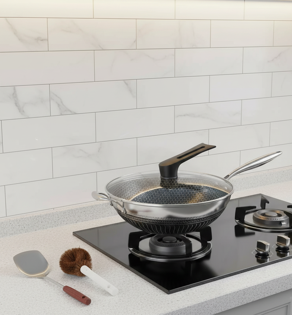 13.3" Stainless Steel Wok Pan – Honeycomb Nonstick Interior, Tempered Glass Lid | All Cooktops