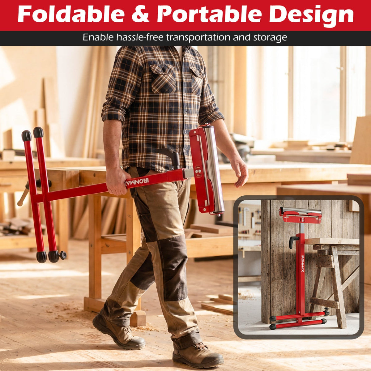 2-Pack Folding Roller Stands with Adjustable Height
