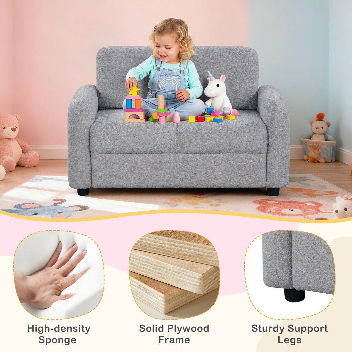 2-Seat Kids Sofa with Teddy Fleece Upholstery