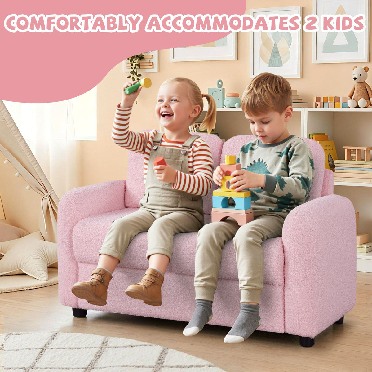 2-Seat Kids Sofa with Teddy Fleece Upholstery