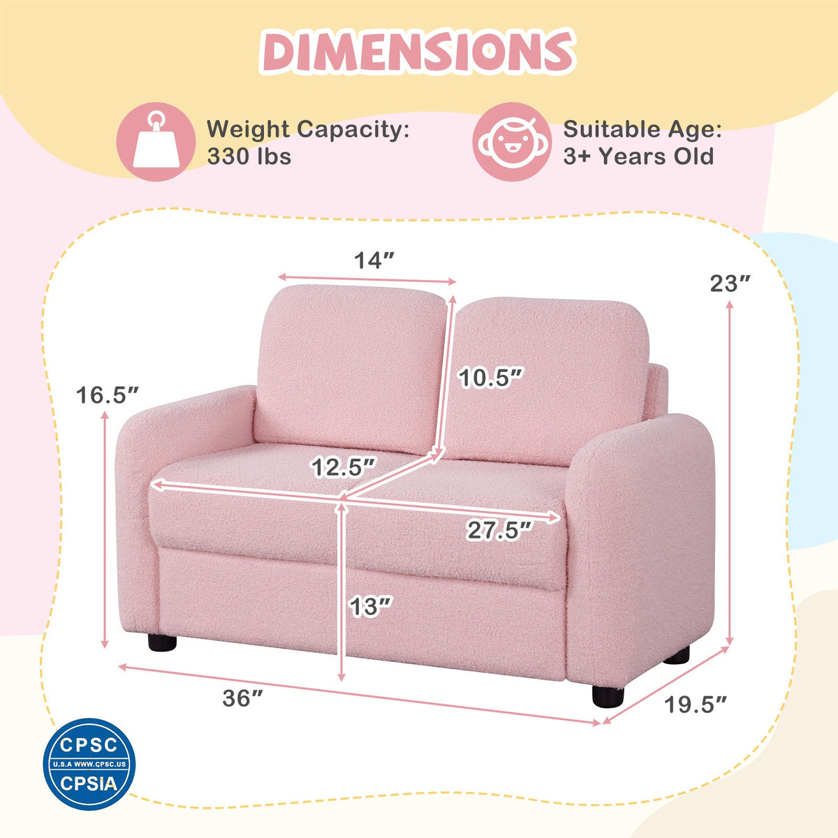 2-Seat Kids Sofa with Teddy Fleece Upholstery