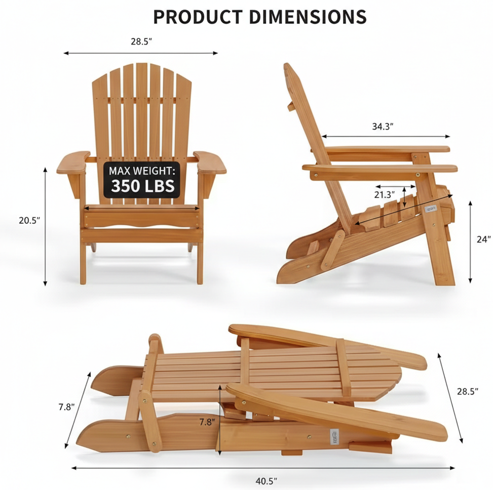 Folding Adirondack Chair – Carbonized Wood, 350 lb Capacity, Waterproof Outdoor Patio Chair