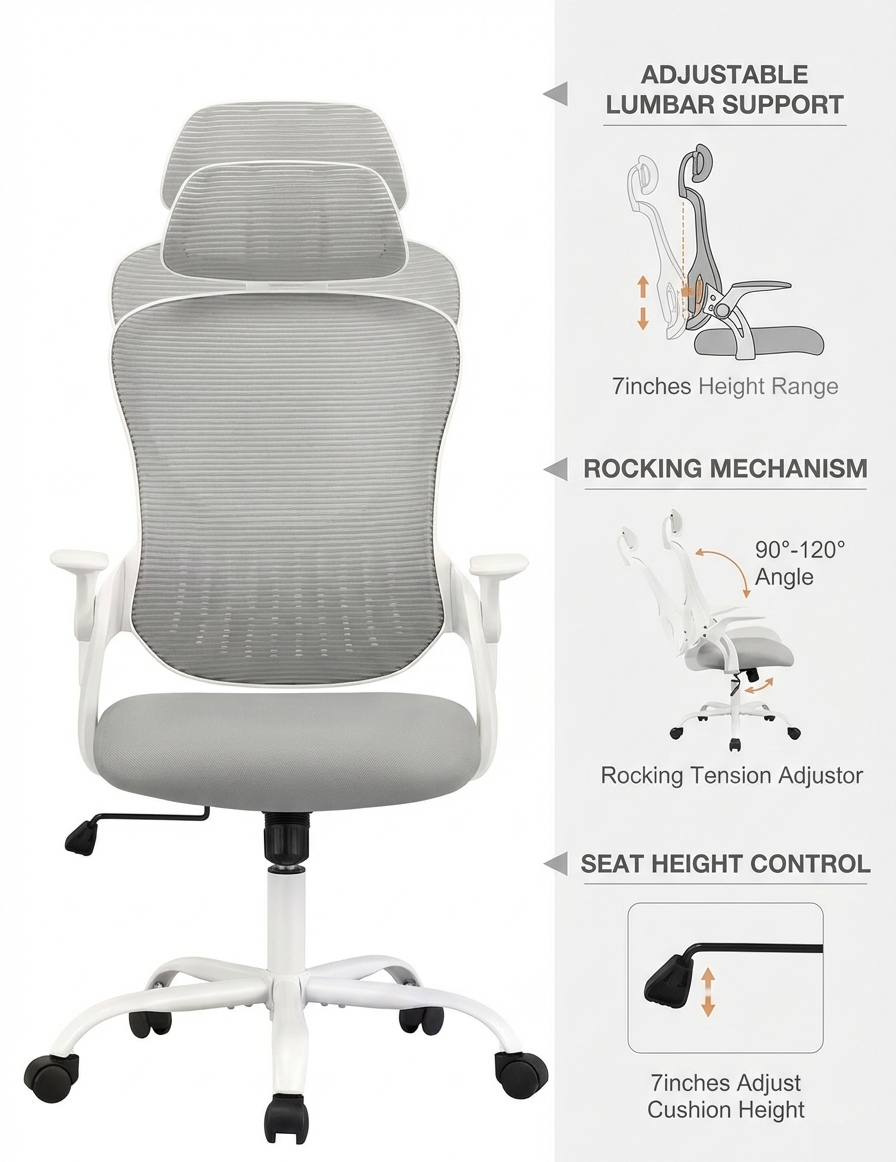 Ergonomic High-Back Mesh Office Chair – Adjustable Lumbar Support & Headrest | Grey, Black, Pink
