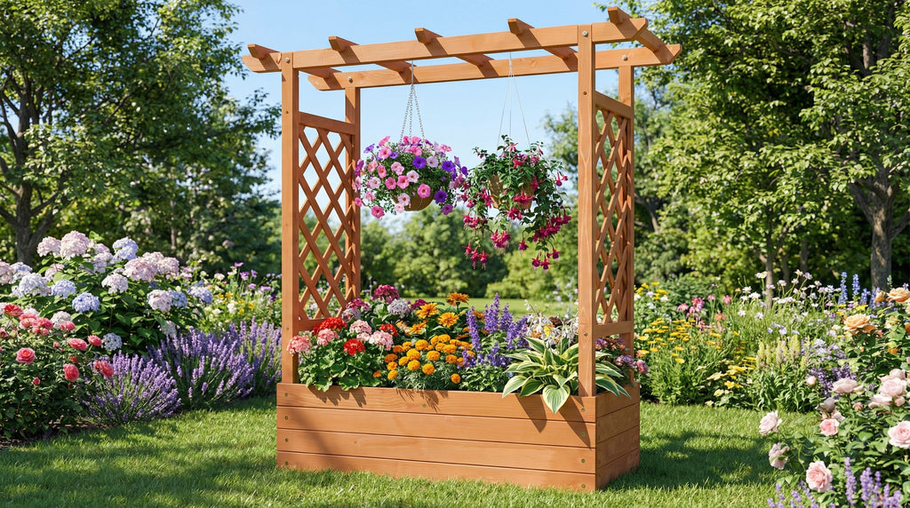 Raised Wooden Planter Box with Pergola Trellis – 100% Fir Wood, 4 Drainage Holes | Patio & Balcony