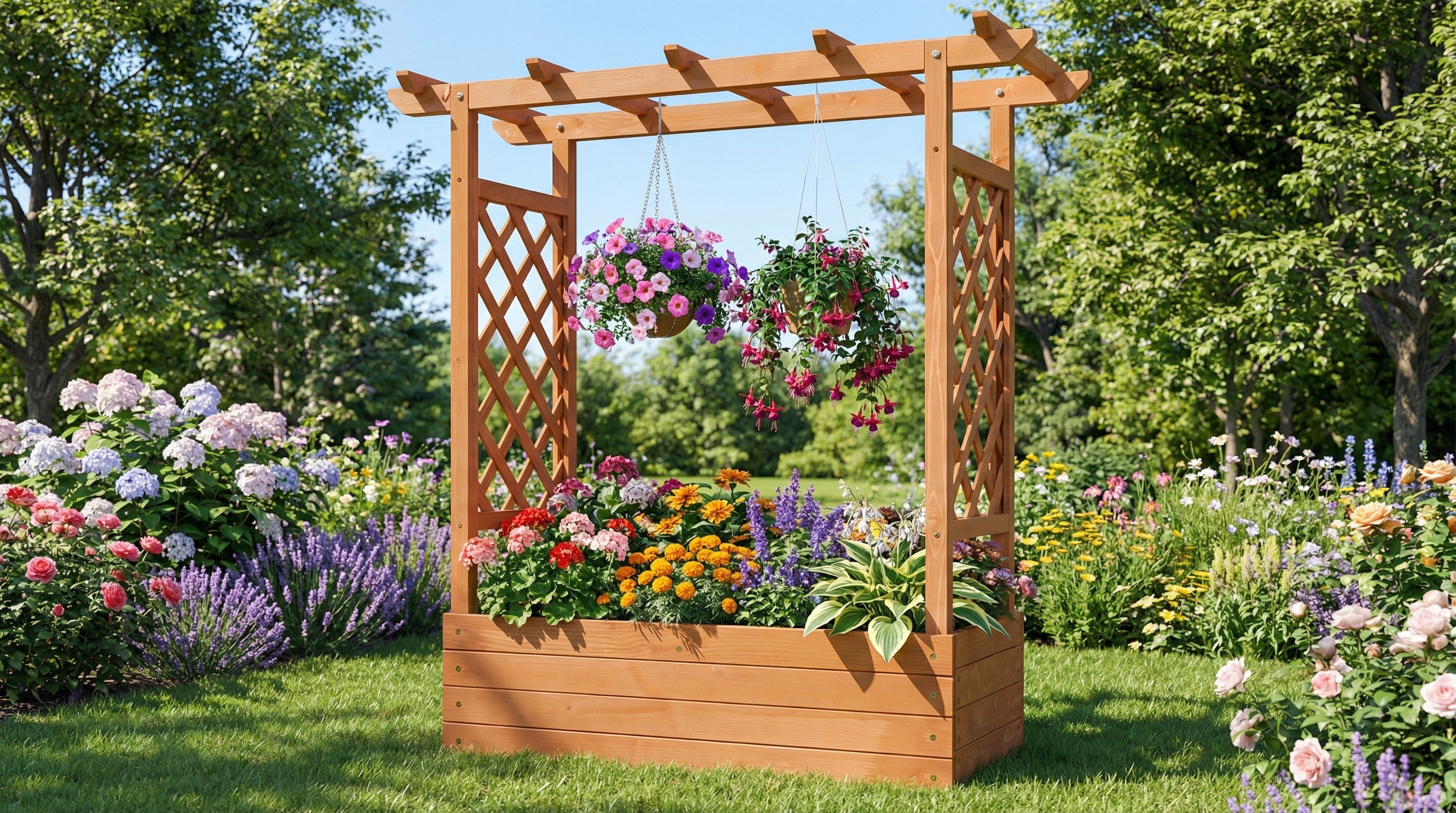 Raised Wooden Planter Box with Pergola Trellis – 100% Fir Wood, 4 Drainage Holes | Patio & Balcony