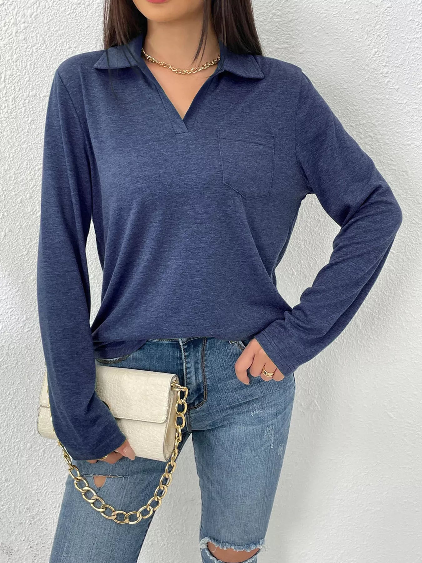 Women's Long Sleeve Polo Shirt | Casual V-Neck Pullover Top