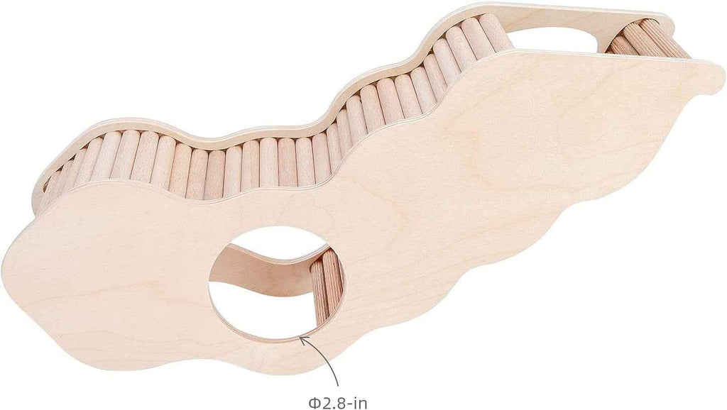 Rear view of wooden hamster tunnel showing a round entrance labeled 2.8 inches