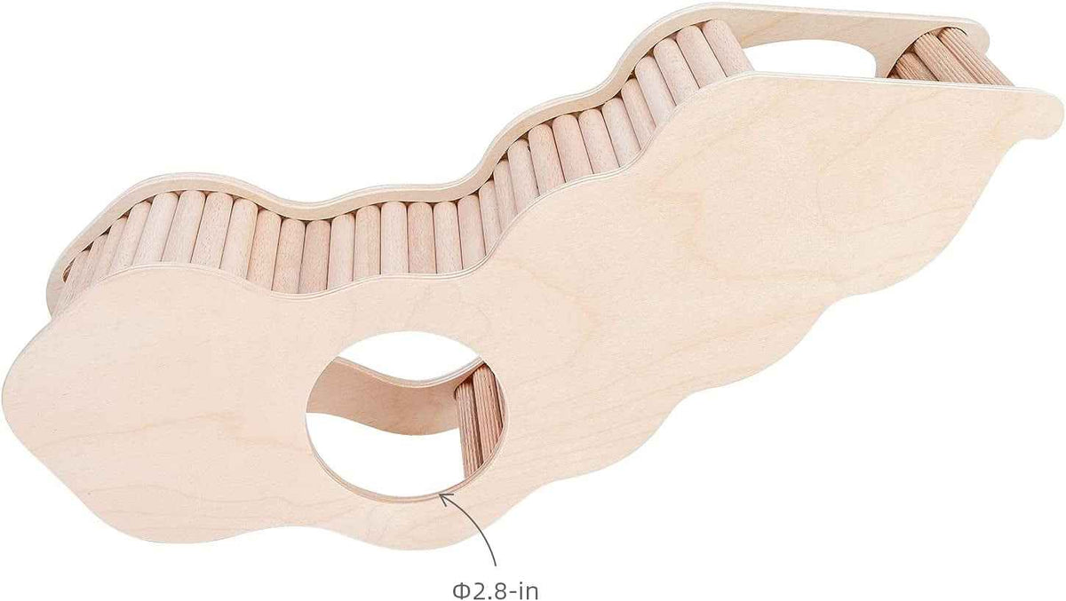Rear view of wooden hamster tunnel showing a round entrance labeled 2.8 inches