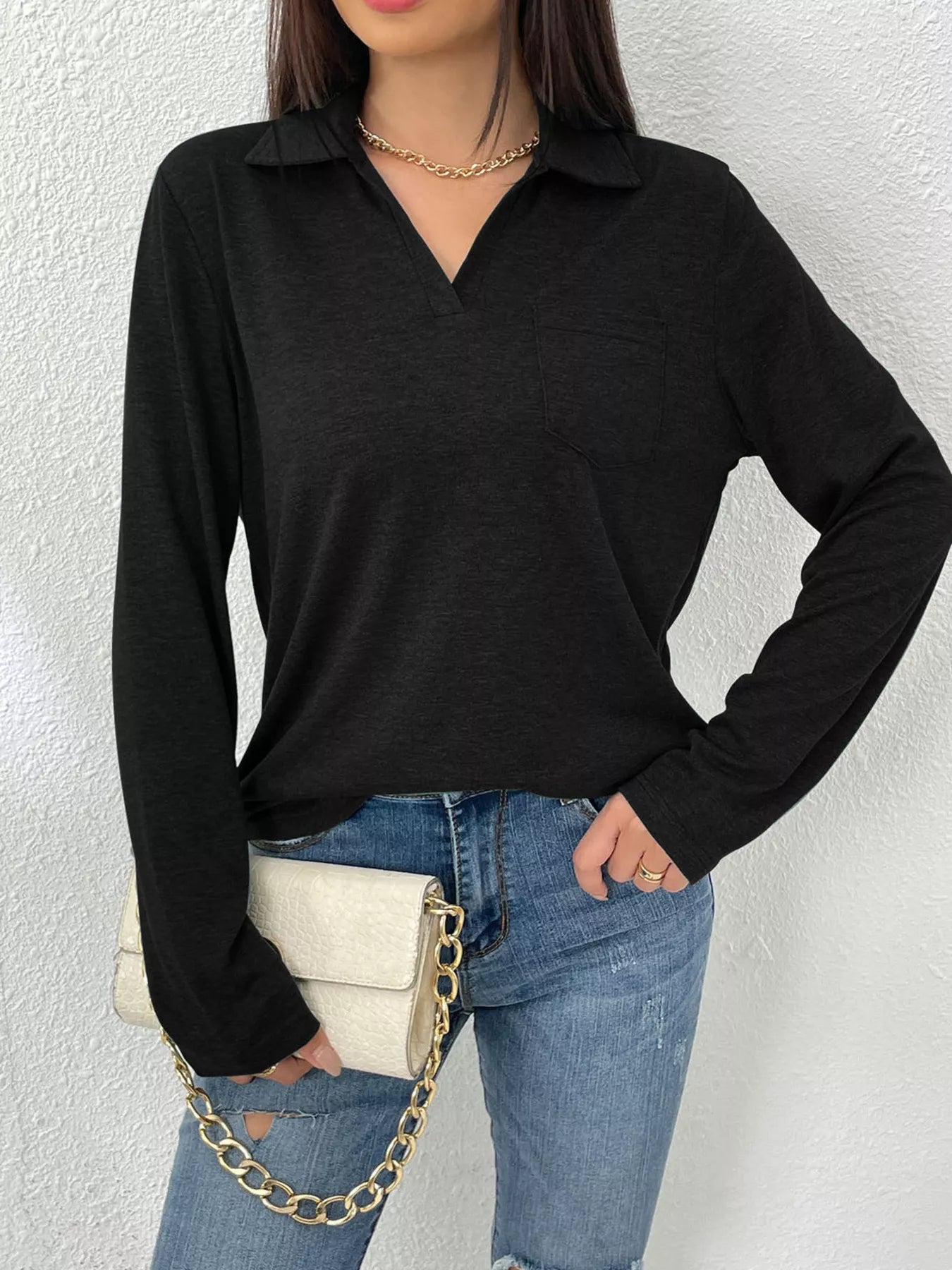 Women's Long Sleeve Polo Shirt | Casual V-Neck Pullover Top