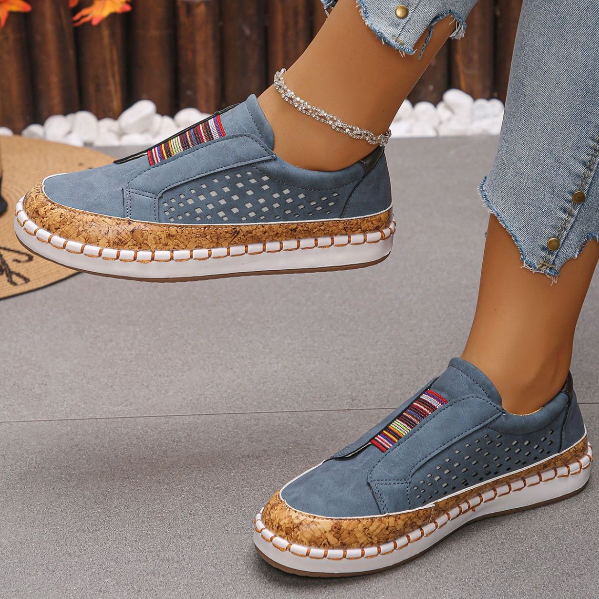 Women's Casual Slip-On Sneakers with Cork Trim Detail