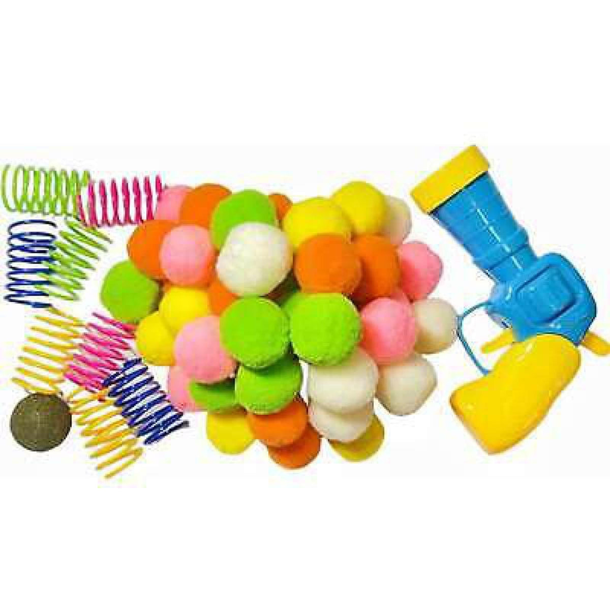 A colorful toy set featuring a pile of fuzzy pom-poms in pink, orange, yellow, green, and white, alongside several coiled spring toys in multiple colors and a blue and yellow toy gun, all on a plain white background.