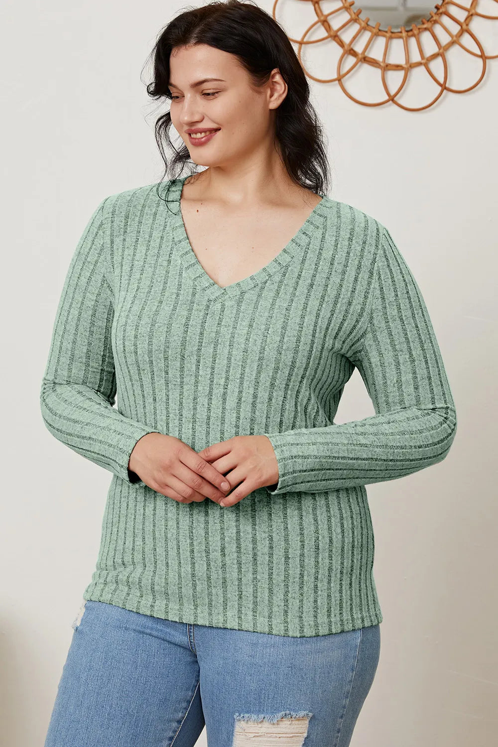 Basic Bae Ribbed V-Neck Long Sleeve Top