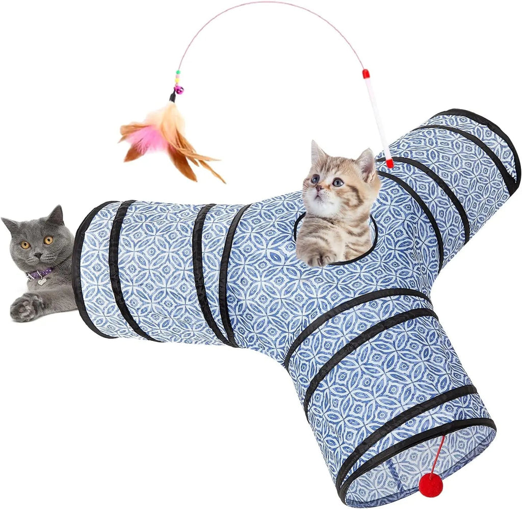 3-Way Collapsible Cat Tunnel Toy – with Dangling Ball & Peek Hole | Crinkle Tunnel for Indoor Cats & Kittens