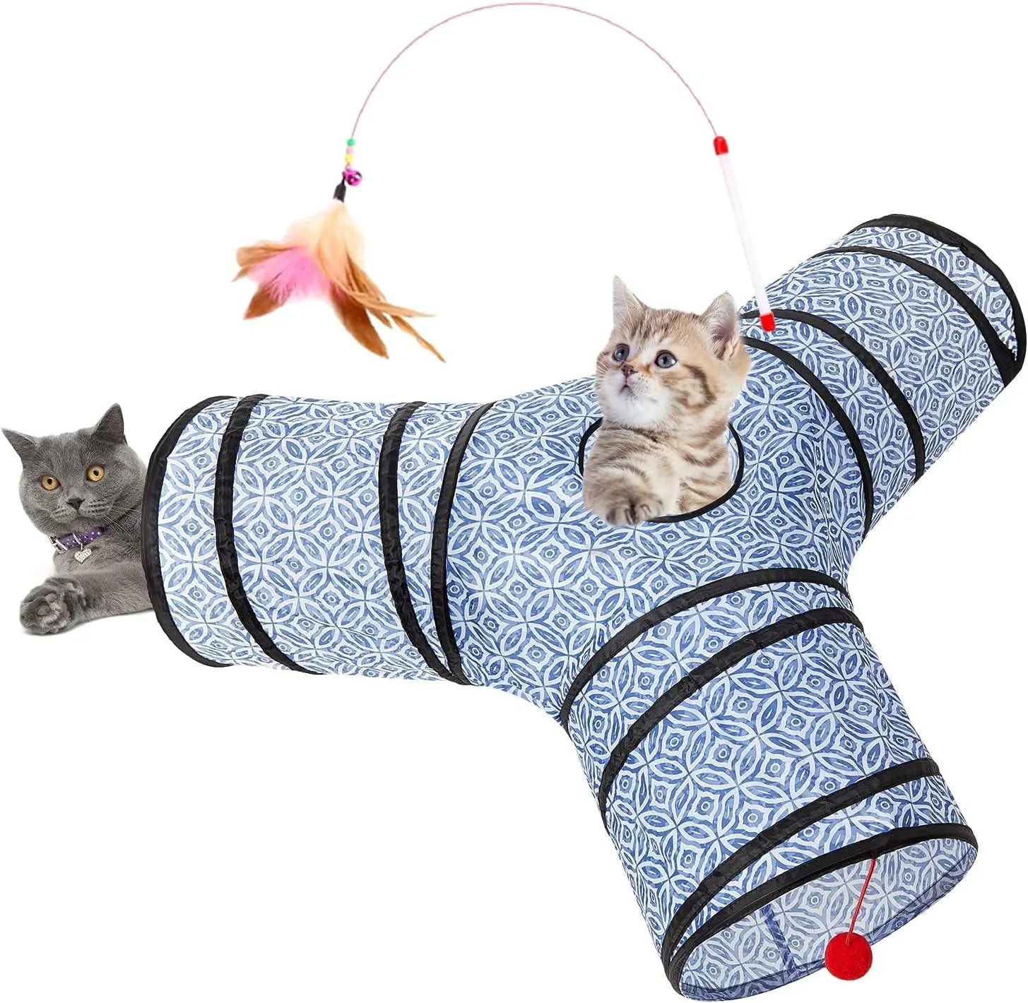 3-Way Collapsible Cat Tunnel Toy – with Dangling Ball & Peek Hole | Crinkle Tunnel for Indoor Cats & Kittens