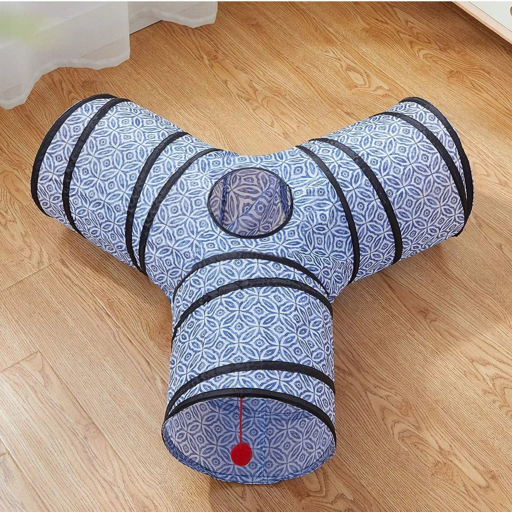 3-Way Collapsible Cat Tunnel Toy – with Dangling Ball & Peek Hole | Crinkle Tunnel for Indoor Cats & Kittens
