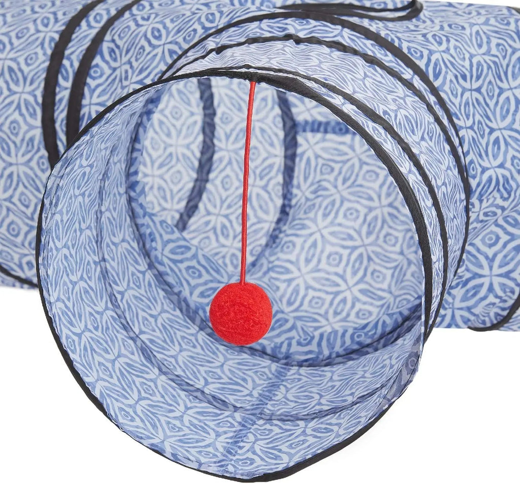 3-Way Collapsible Cat Tunnel Toy – with Dangling Ball & Peek Hole | Crinkle Tunnel for Indoor Cats & Kittens