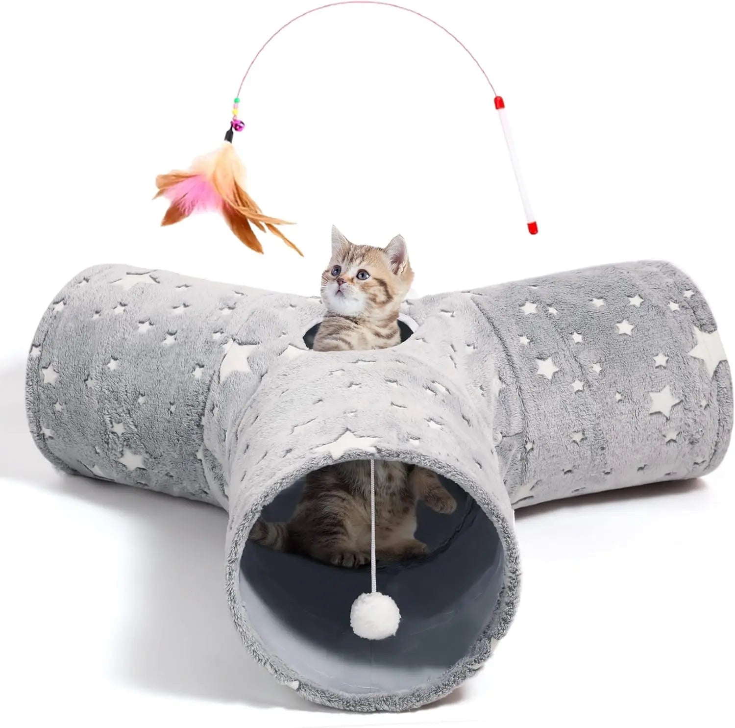 3-Way Collapsible Cat Tunnel Toy – with Dangling Ball & Peek Hole | Crinkle Tunnel for Indoor Cats & Kittens