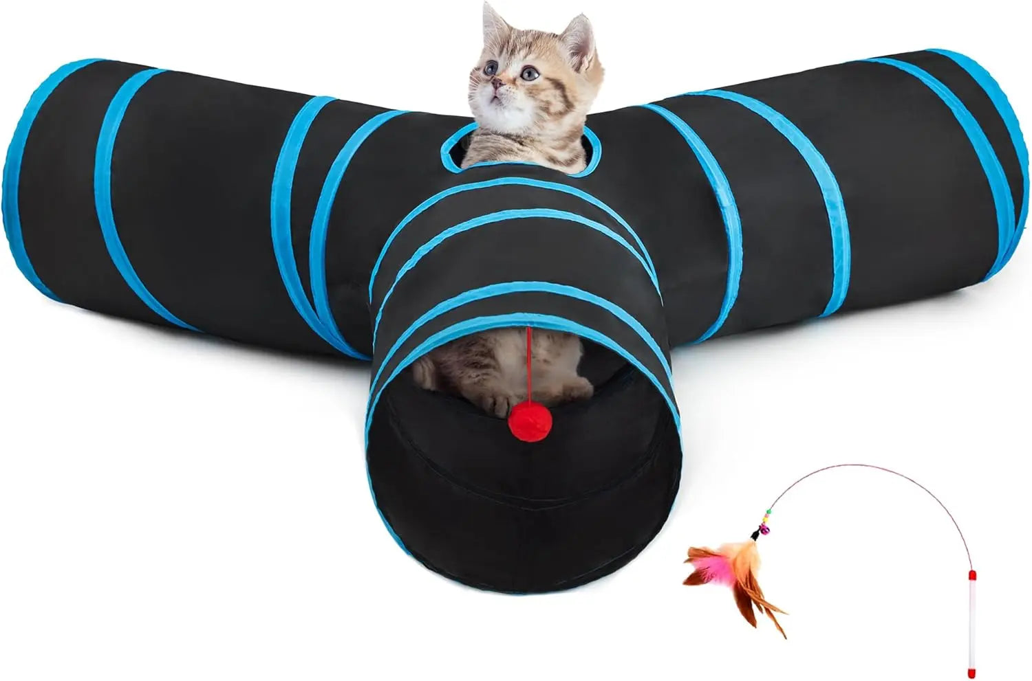 3-Way Collapsible Cat Tunnel Toy – with Dangling Ball & Peek Hole | Crinkle Tunnel for Indoor Cats & Kittens
