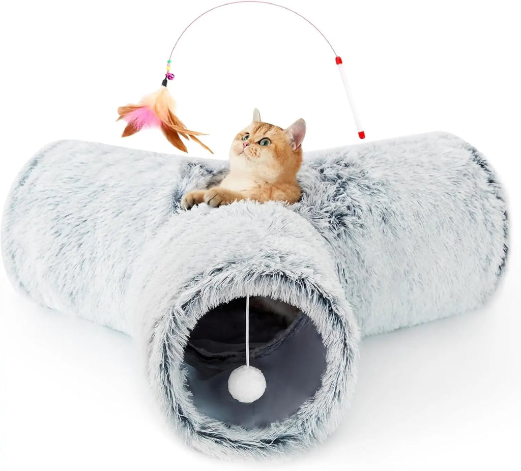 3-Way Collapsible Cat Tunnel Toy – with Dangling Ball & Peek Hole | Crinkle Tunnel for Indoor Cats & Kittens
