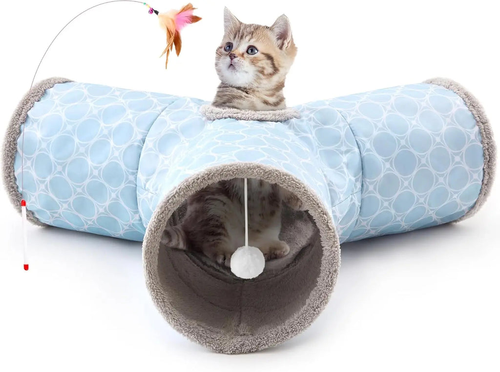 3-Way Collapsible Cat Tunnel Toy – with Dangling Ball & Peek Hole | Crinkle Tunnel for Indoor Cats & Kittens