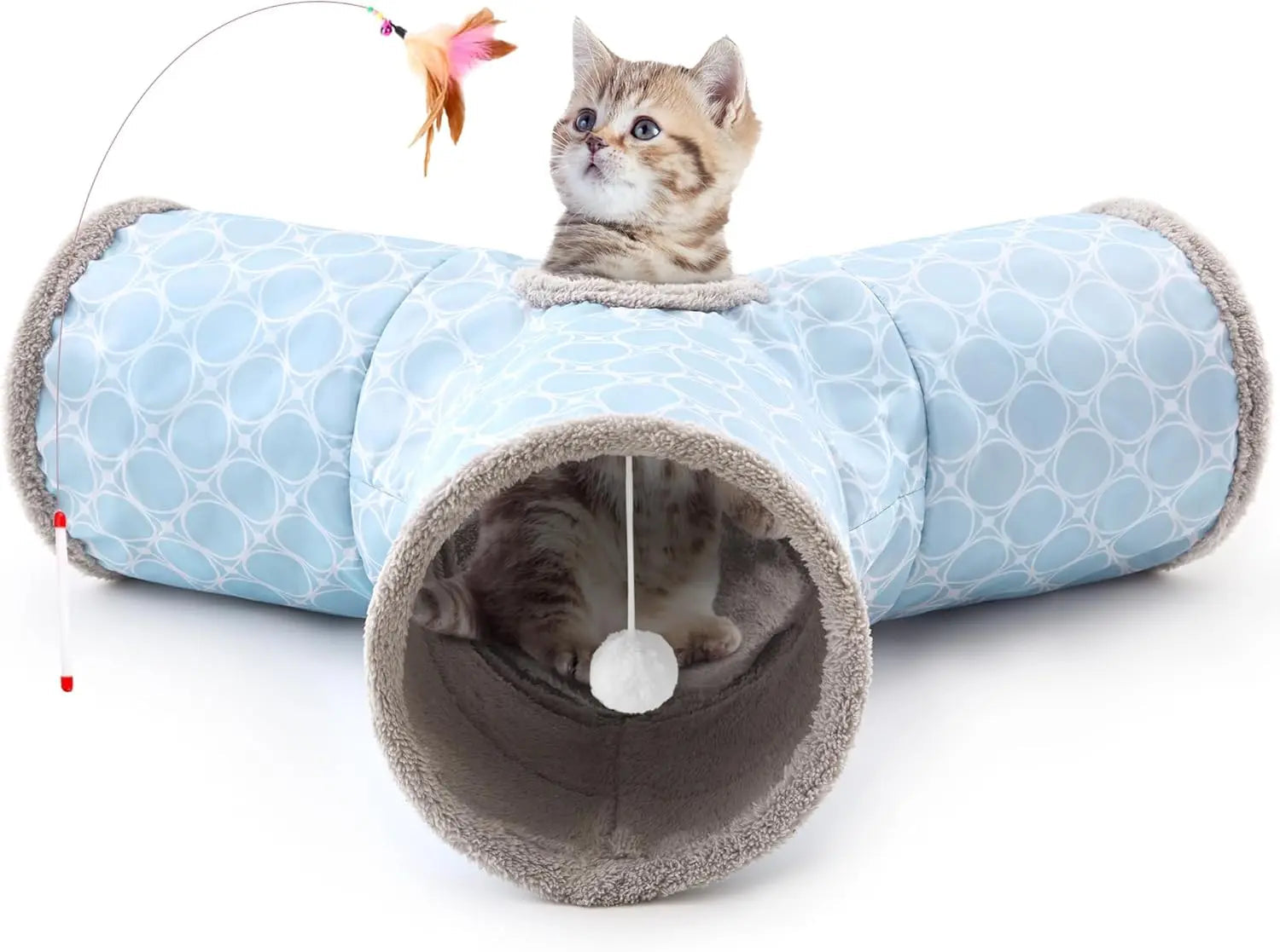 3-Way Collapsible Cat Tunnel Toy – with Dangling Ball & Peek Hole | Crinkle Tunnel for Indoor Cats & Kittens
