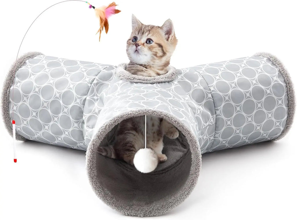 3-Way Collapsible Cat Tunnel Toy – with Dangling Ball & Peek Hole | Crinkle Tunnel for Indoor Cats & Kittens