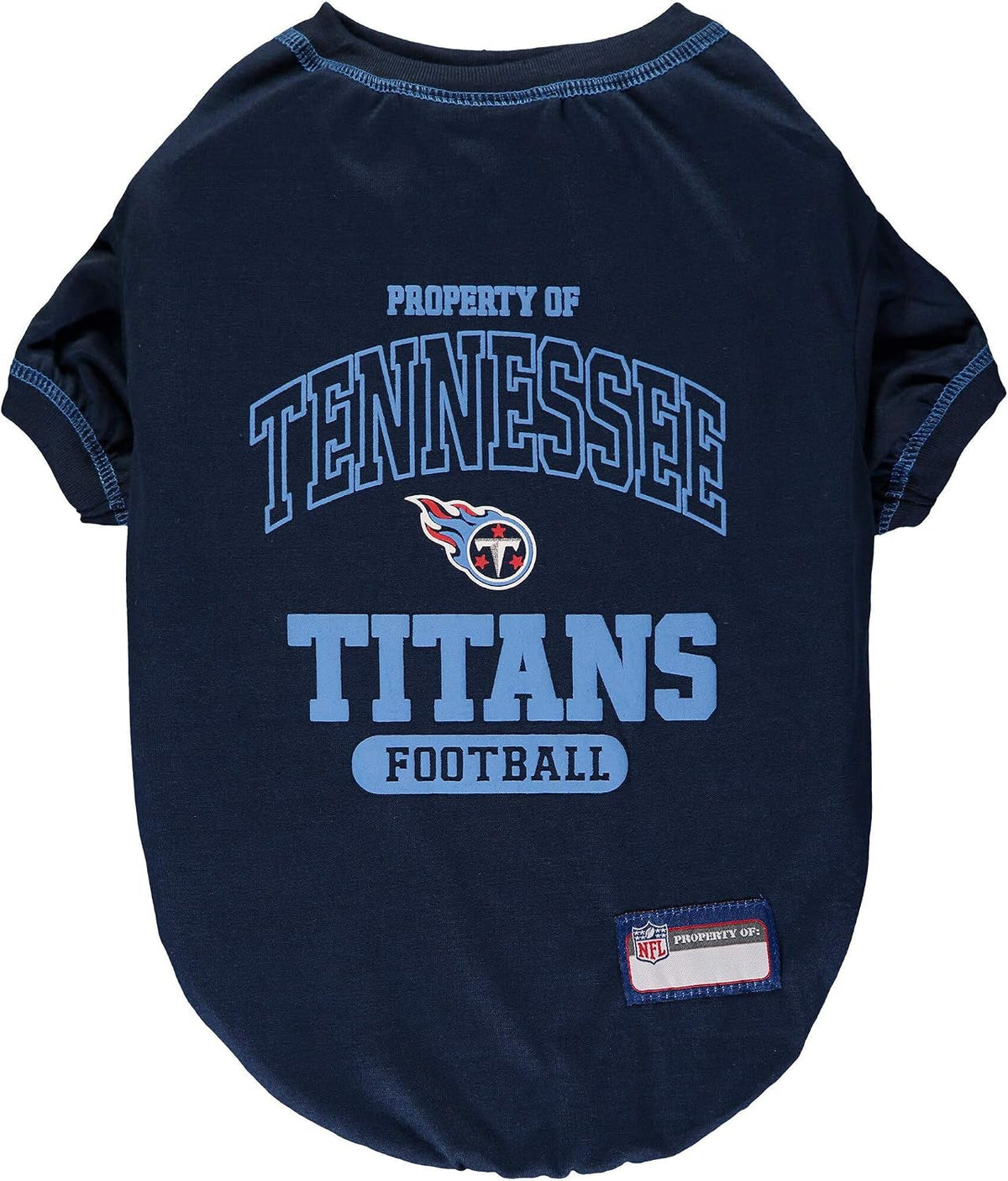 A navy blue dog t-shirt featuring Tennessee Titans Football branding on the back, including the team logo and NFL shield.