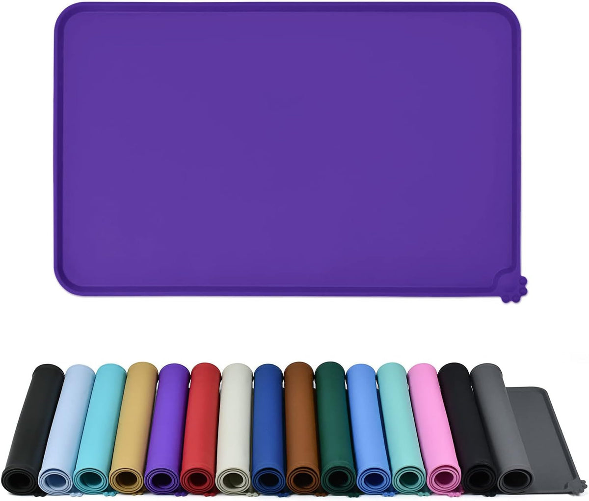 Purple silicone mat with a row of colorful silicone mats below on a white background