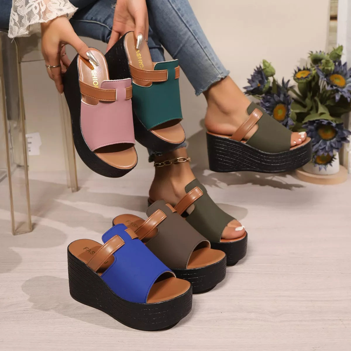 Women's Open Toe Platform Wedge Sandals | PU Leather Slide Heels
