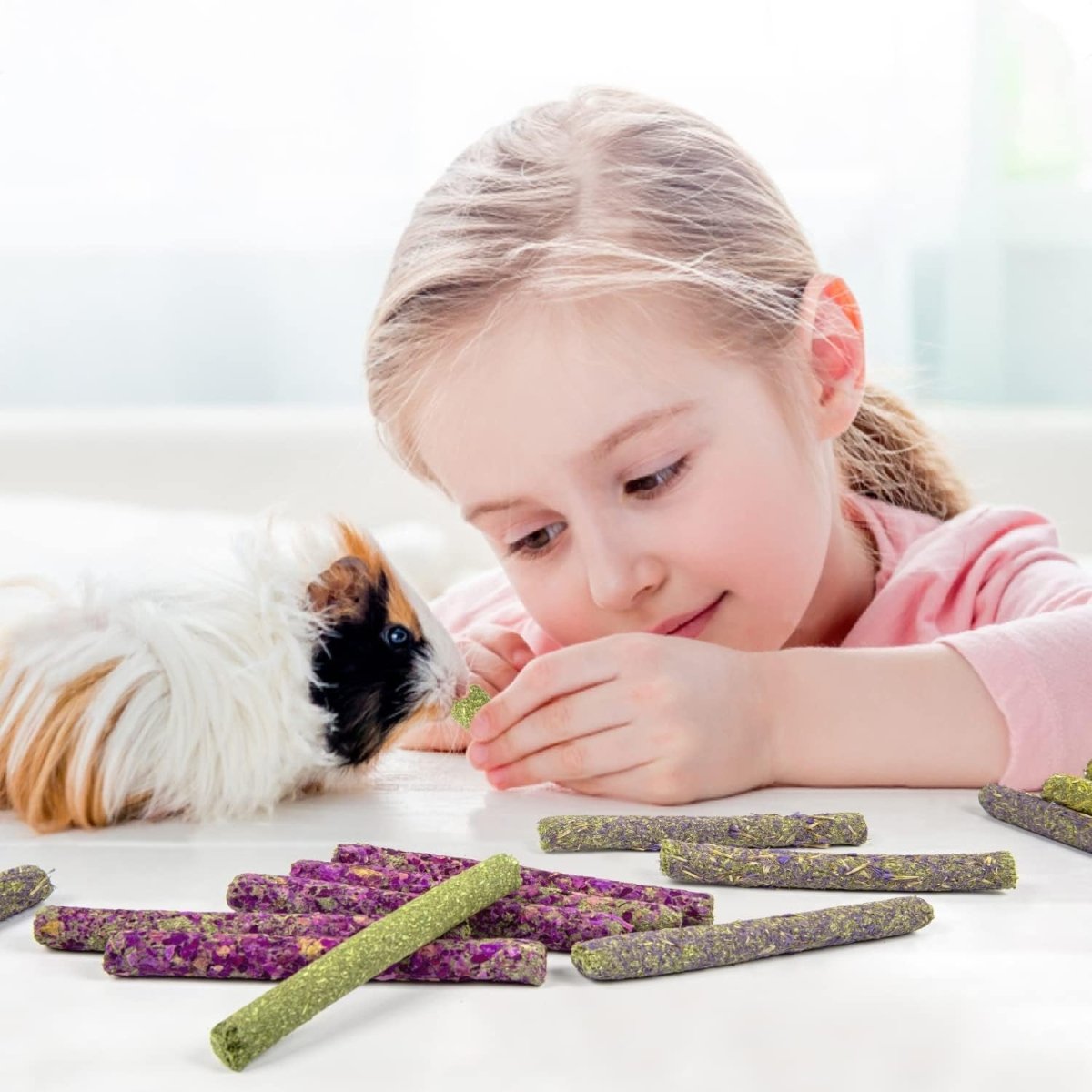 Young girl interacting with a guinea pig and treats on a light surface