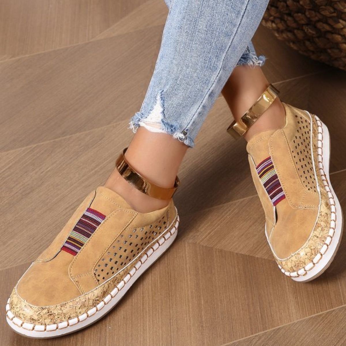 Slip-On Sneakers with Cork Trim Detail