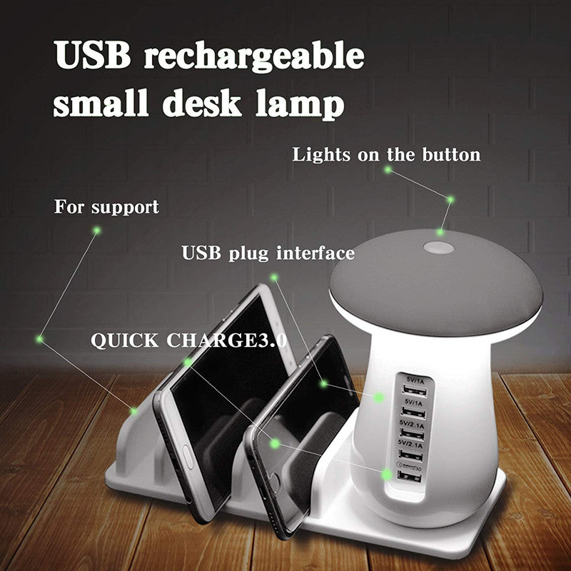 Mushroom LED Night Lamp + 5-Port USB Charging Station with Device Stand