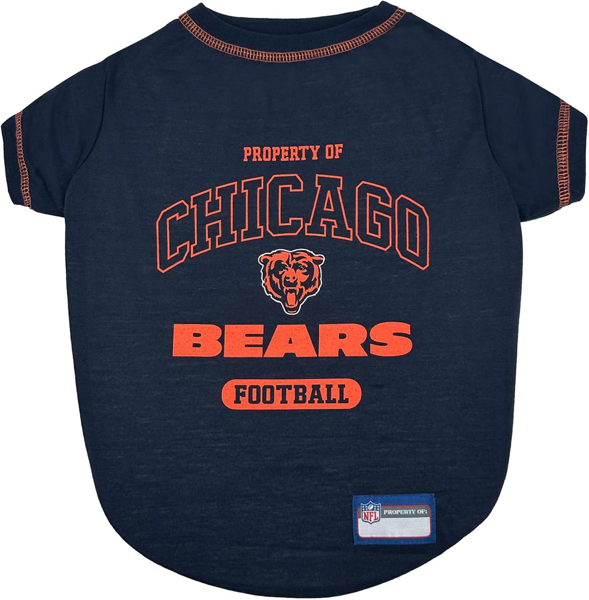 Navy blue pet t-shirt with 'Property of Chicago Bears Football' text and logo on a white background