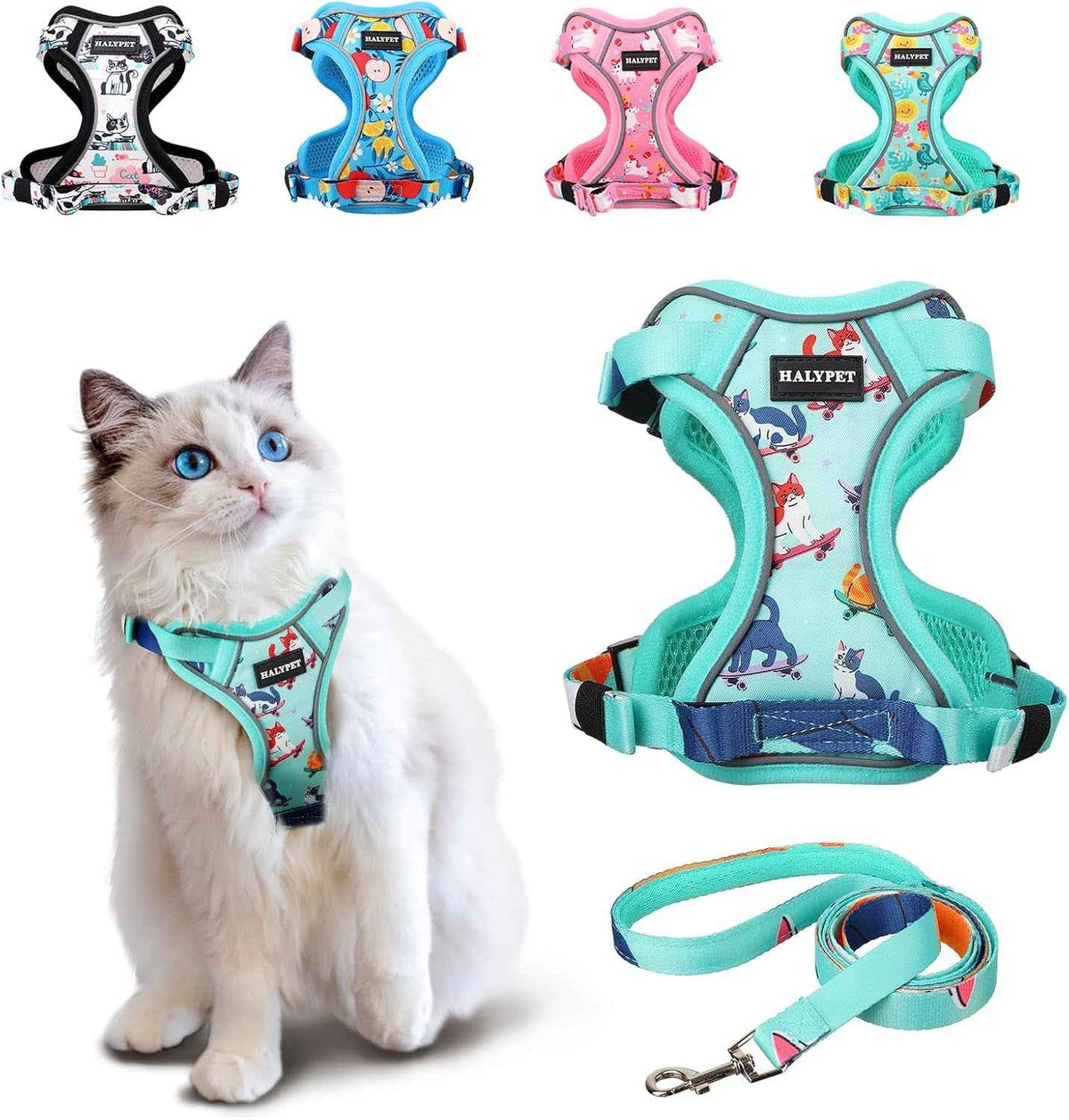 A cat harness and leash set shown on a white background, with a fluffy white cat wearing the harness on the left and multiple color/style variants plus a large front view and leash on the right. The harness has a colorful cartoon print and a visible HALYPET brand patch.