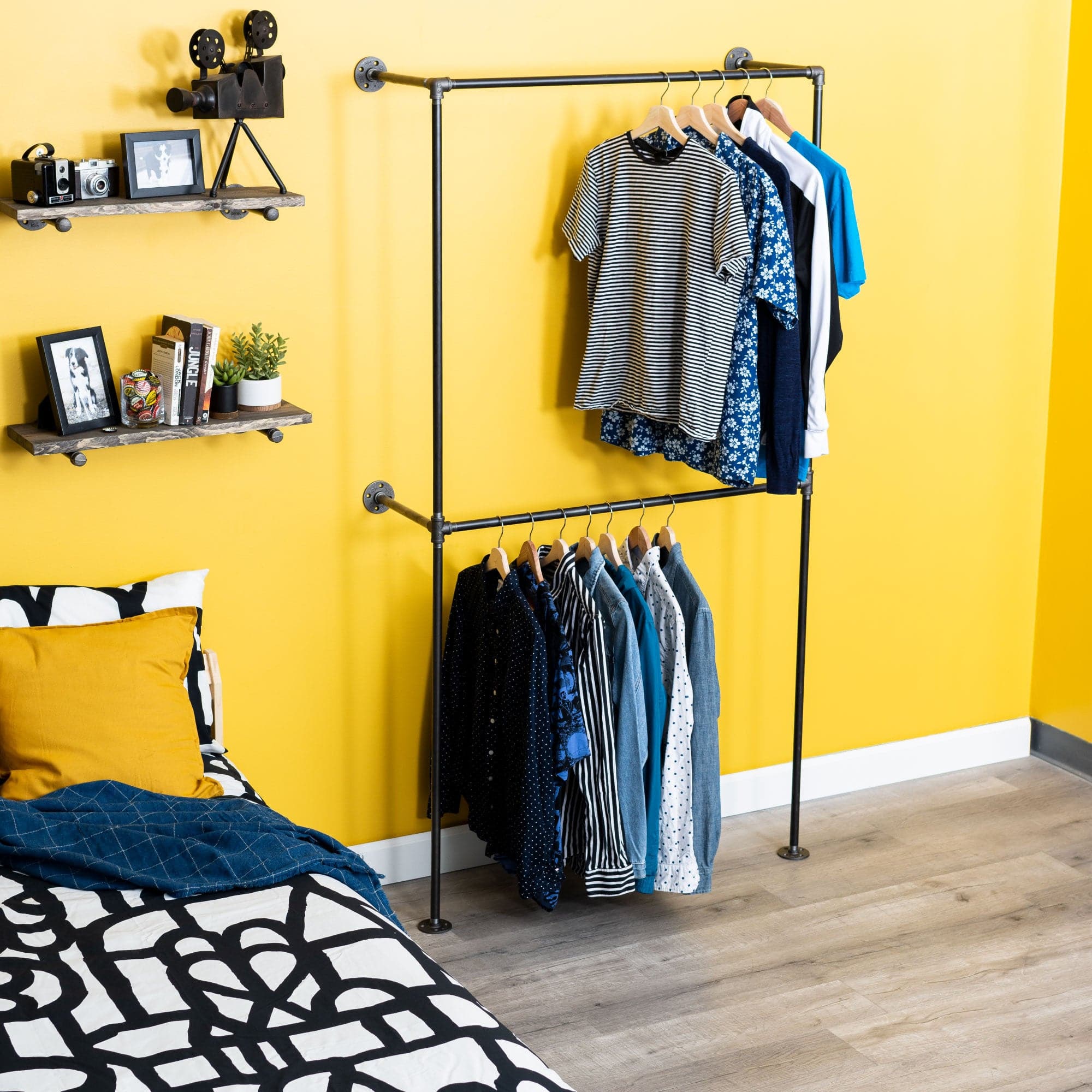 PIPE DECOR Industrial Steel Wall Mounted Double Hung Clothing Rack