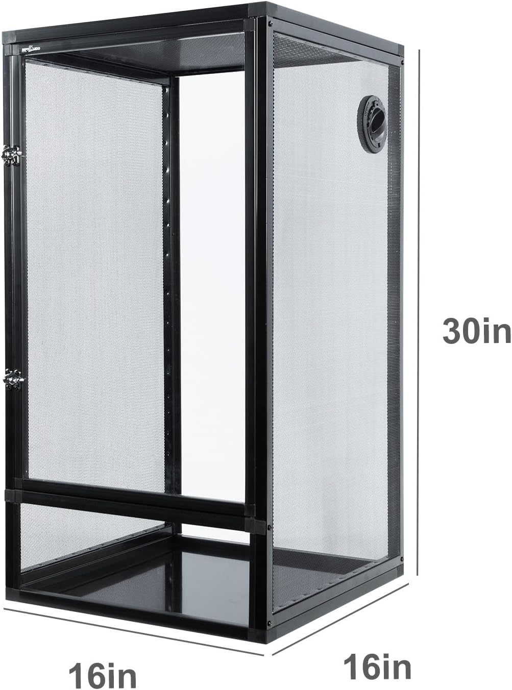 Black metal frame with screen panels and dimensions labeled on a white background