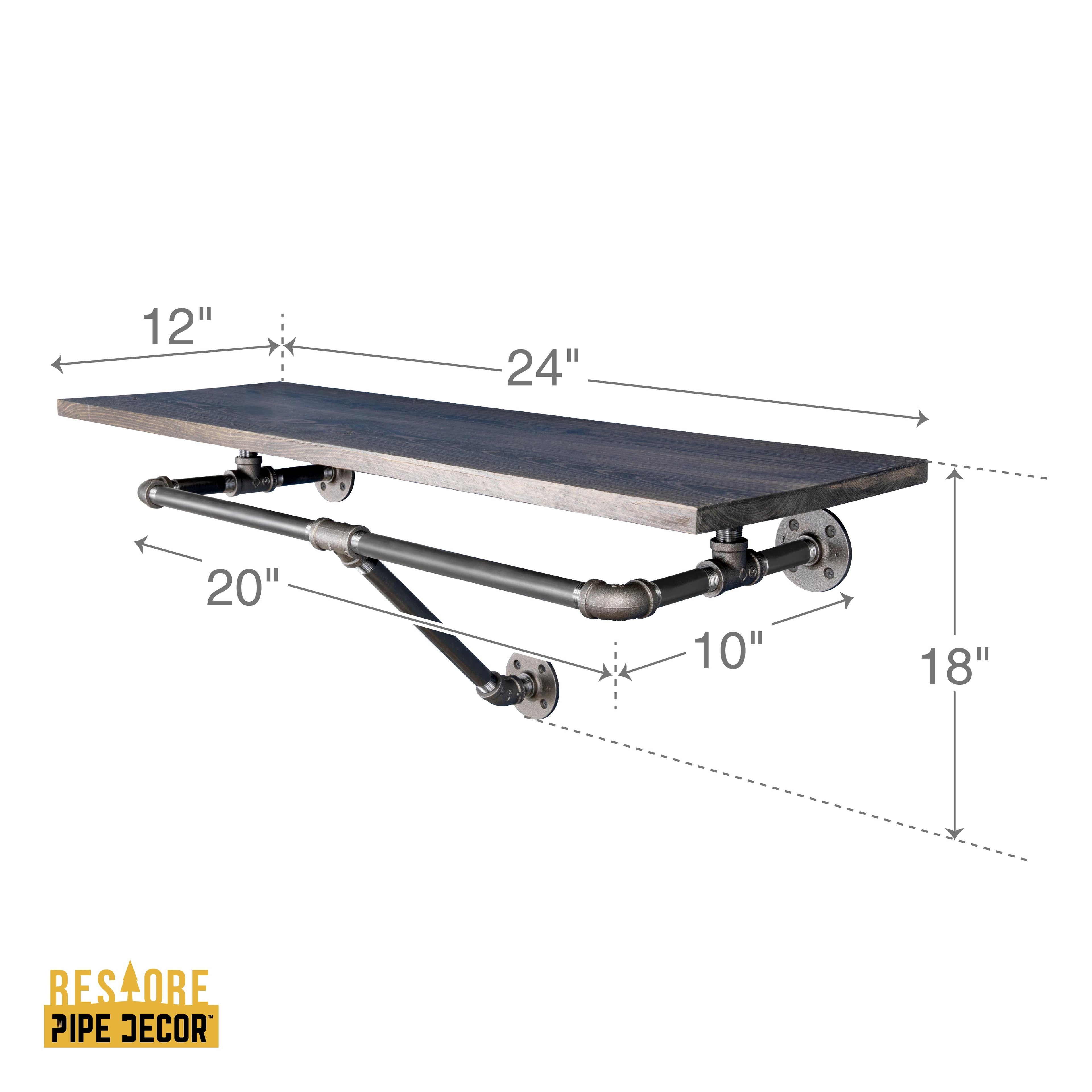 PIPE DECOR 24 in. Boulder Black Wall Mounted Clothing Rack with Wood Shelf