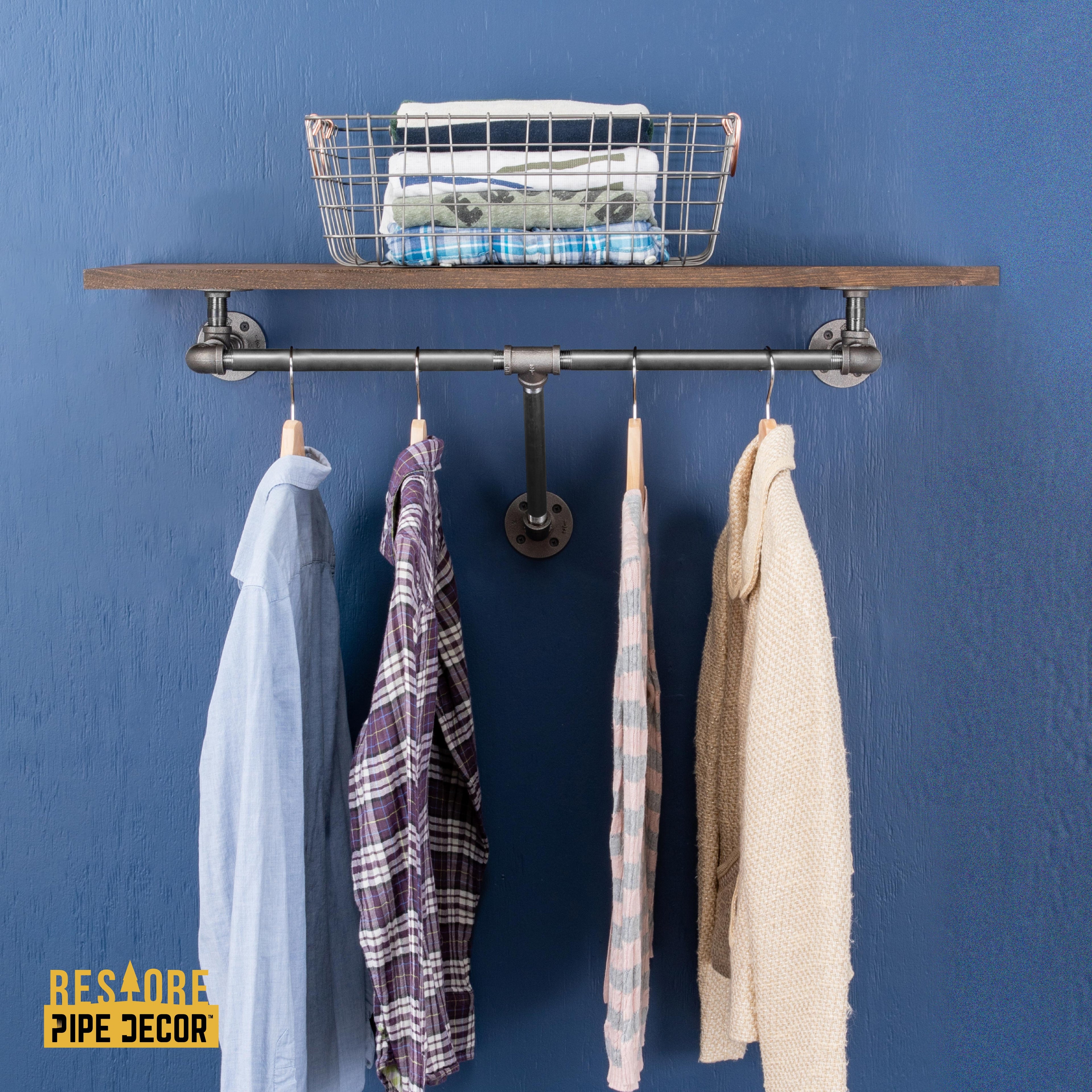 PIPE DECOR 24 in. Boulder Black Wall Mounted Clothing Rack with Wood Shelf