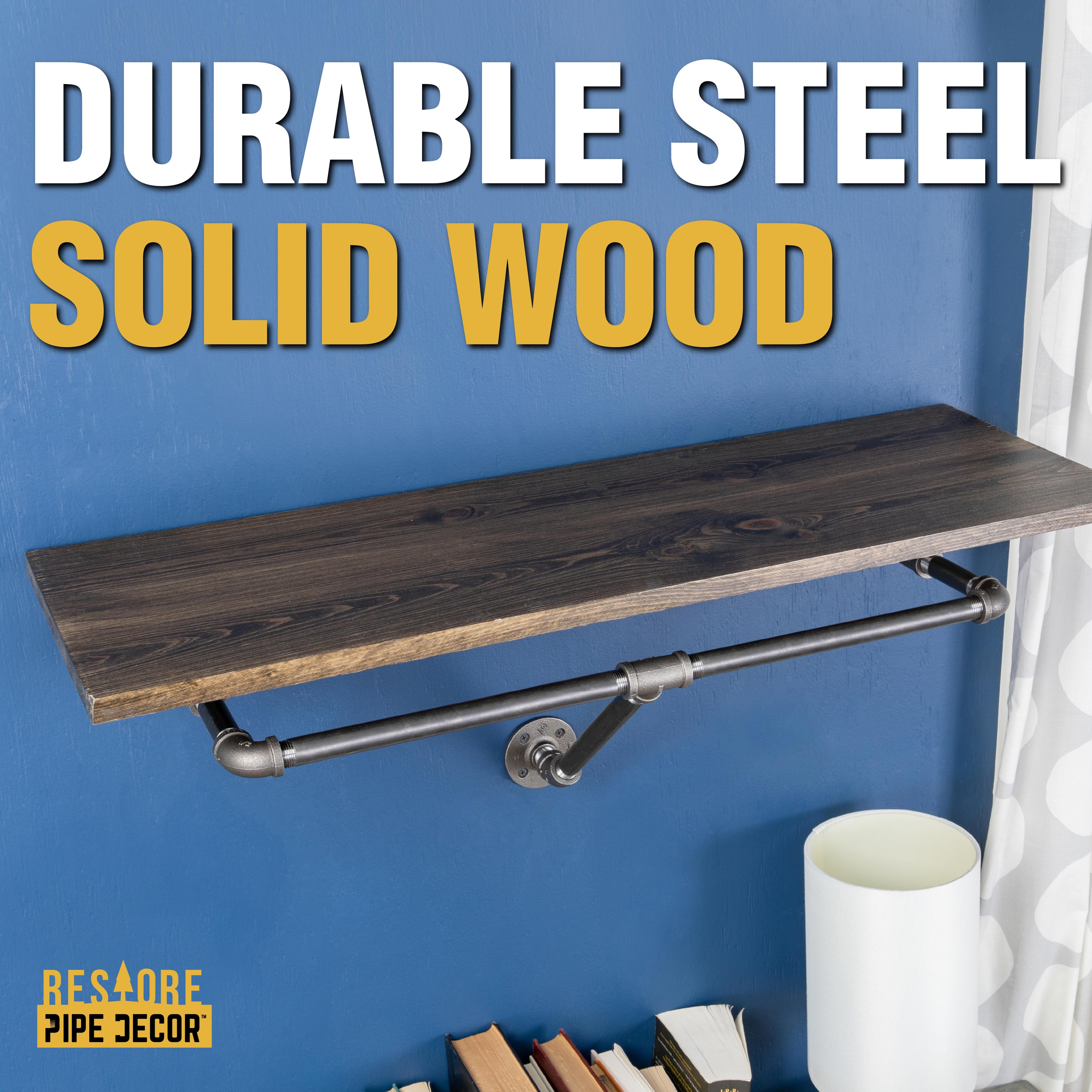 PIPE DECOR 24 in. Boulder Black Wall Mounted Clothing Rack with Wood Shelf