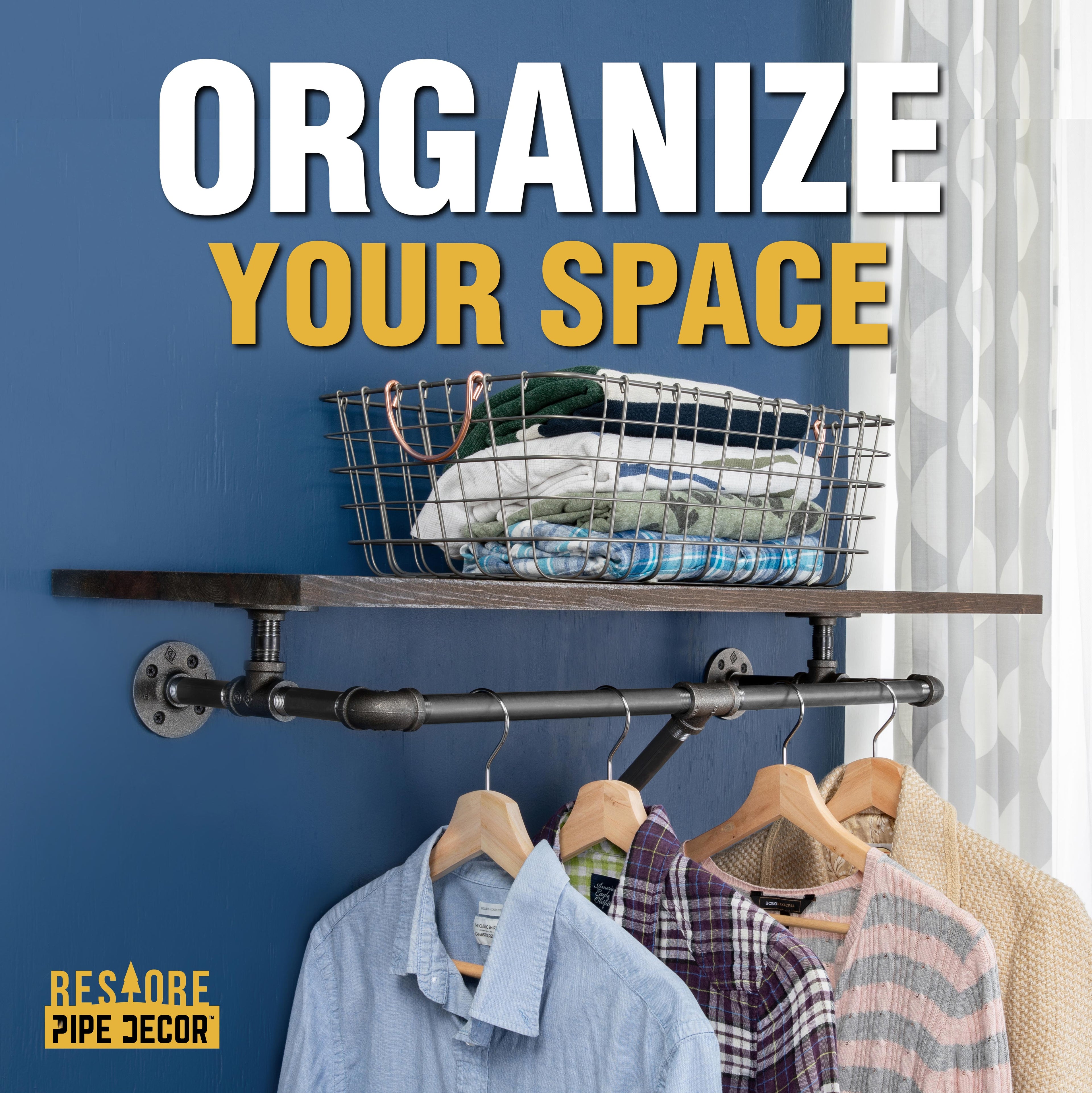 PIPE DECOR 24 in. Boulder Black Wall Mounted Clothing Rack with Wood Shelf