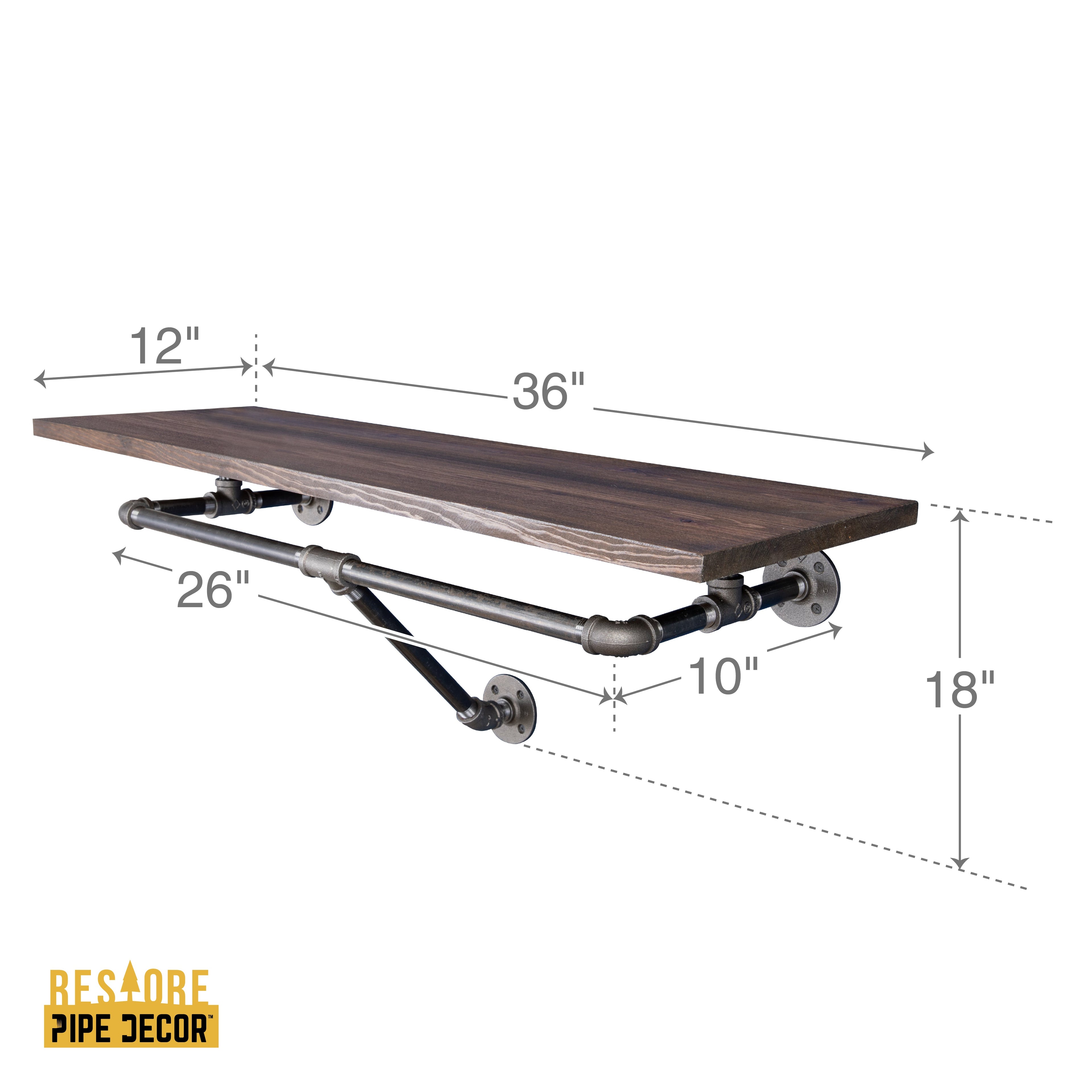 PIPE DECOR 36 in. Trail Brown Wall Mounted Clothing Rack with Wood Shelf