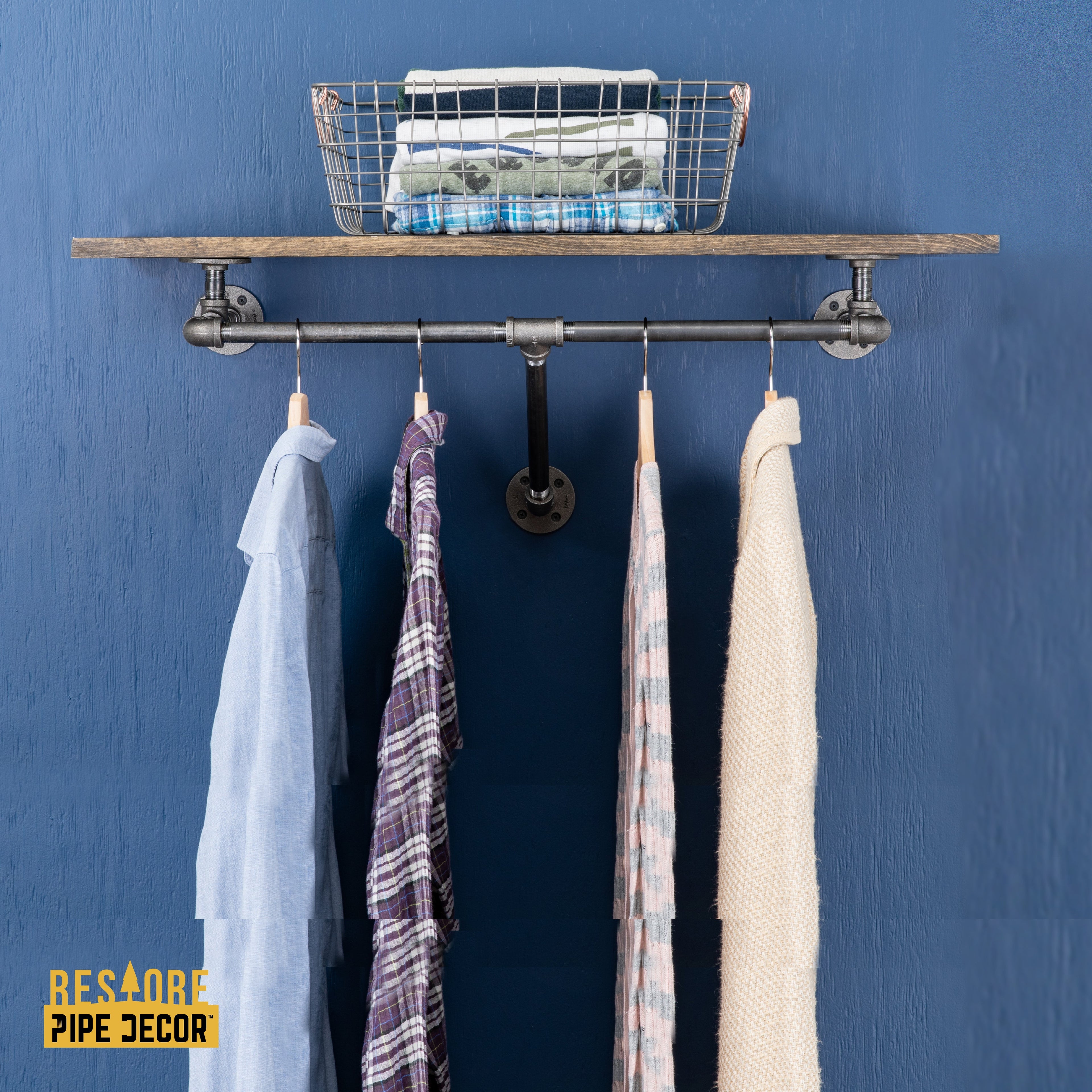 PIPE DECOR 36 in. Trail Brown Wall Mounted Clothing Rack with Wood Shelf