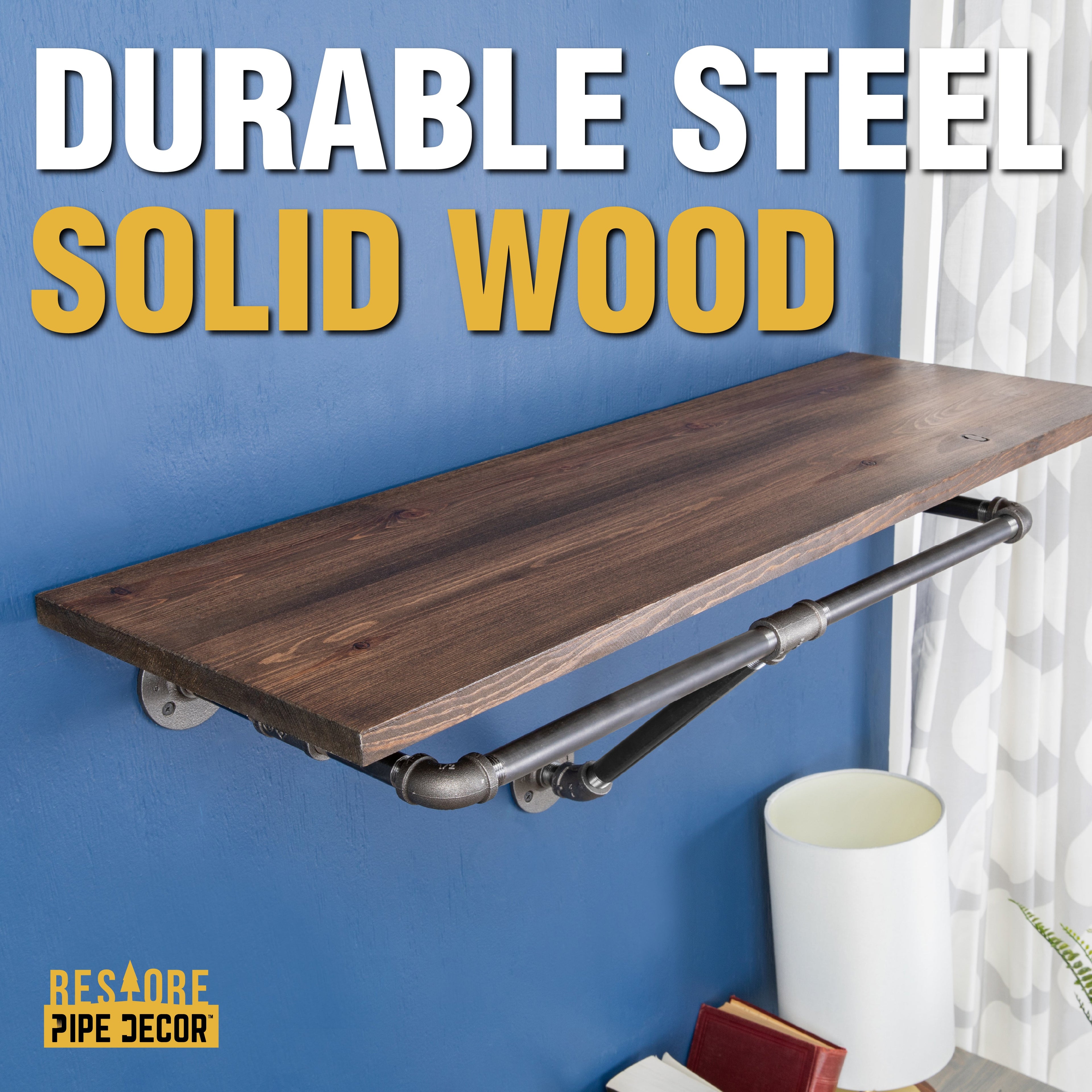PIPE DECOR 36 in. Trail Brown Wall Mounted Clothing Rack with Wood Shelf