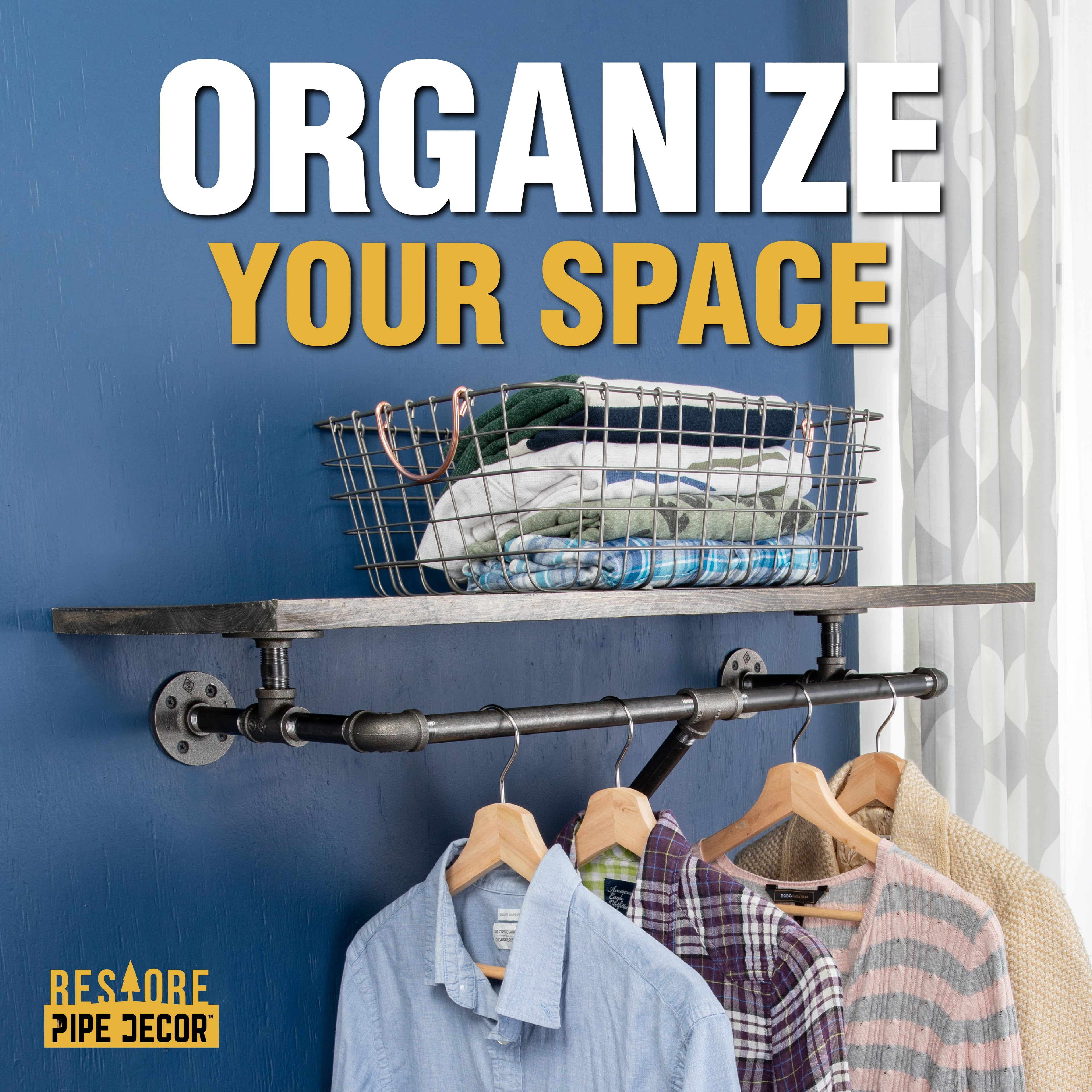 PIPE DECOR 36 in. Trail Brown Wall Mounted Clothing Rack with Wood Shelf