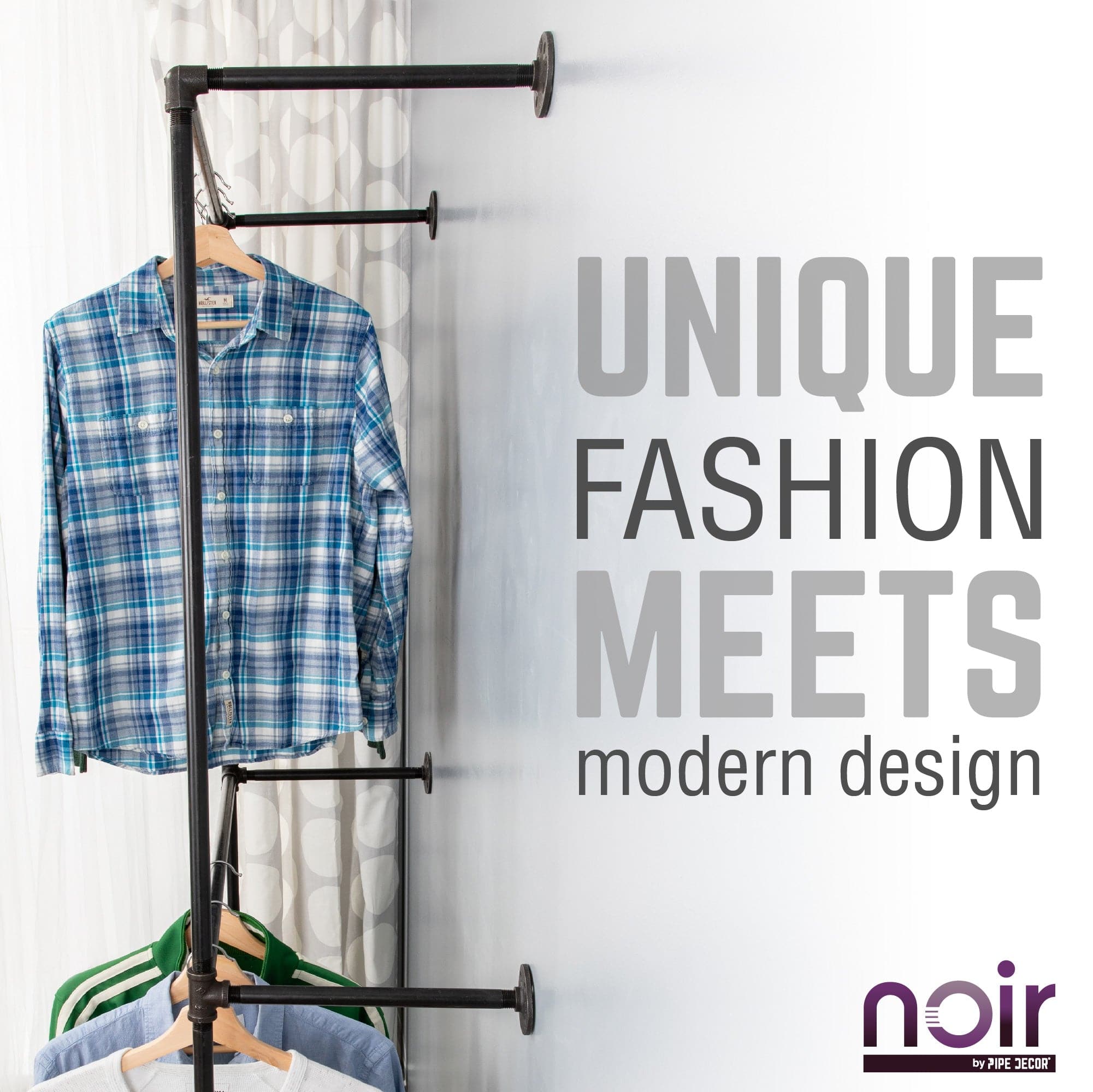 PIPE DECOR Noir Matte Black Wall Mounted Double Hung Clothing Rack