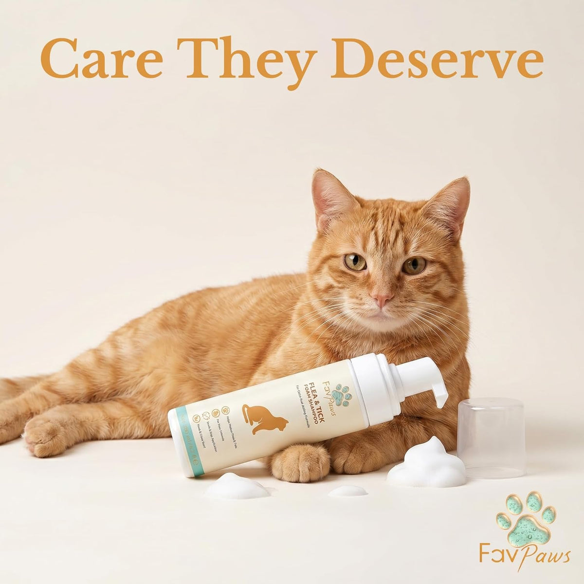 Cat lying next to a bottle of pet care product with 'Care They Deserve' text and FavPaws logo.